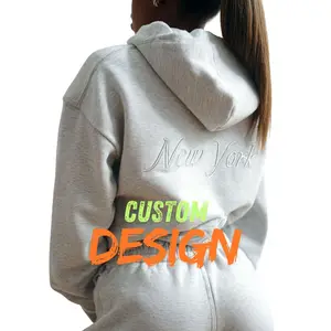 Women's Autumn Washed Hoodie Set - Plus Size Turtleneck Crop Top & Joggers with Custom Logo