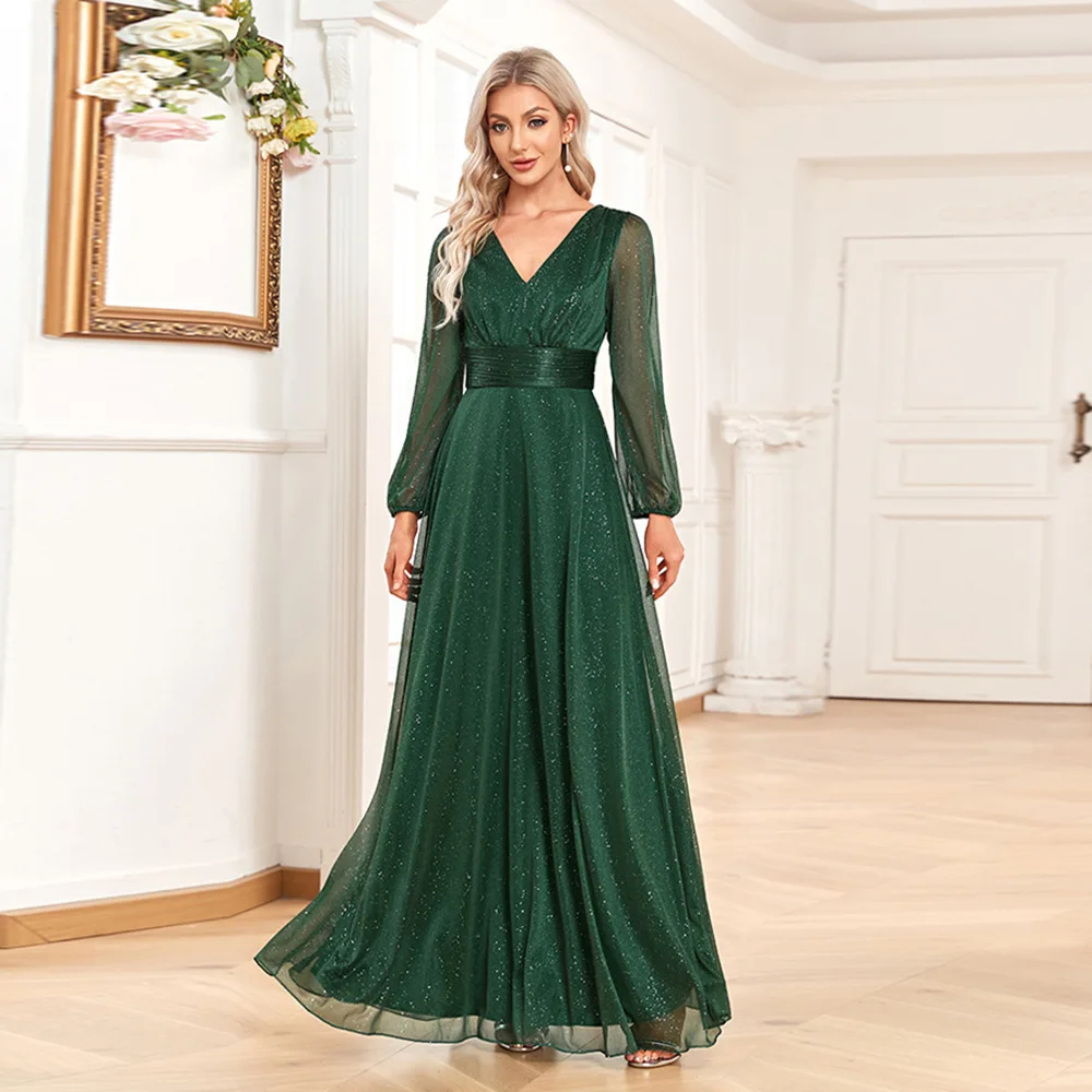 TW00054 Trendy Ladies Bridesmaid Dress V-Neck Shiny Chiffon Dress Long  Sleeve Wedding Party Gowns for Women Evening Dresses