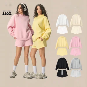 Women's 2 Pics Fleece Sweatshirt&Shorts Set Oversized Pullover  Drawstring Bottoms Casual Gym Workout Sports Outfits Activewear