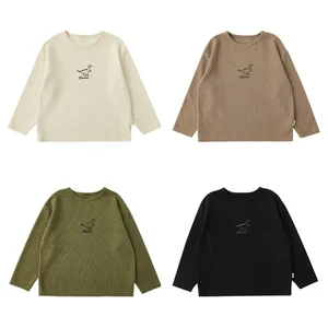 Spring Autumn Cartoon Dinosaur Embroidered Little Boys Kids Long Sleeve Shirt Cotton O-neck Casual Boys T-shirts