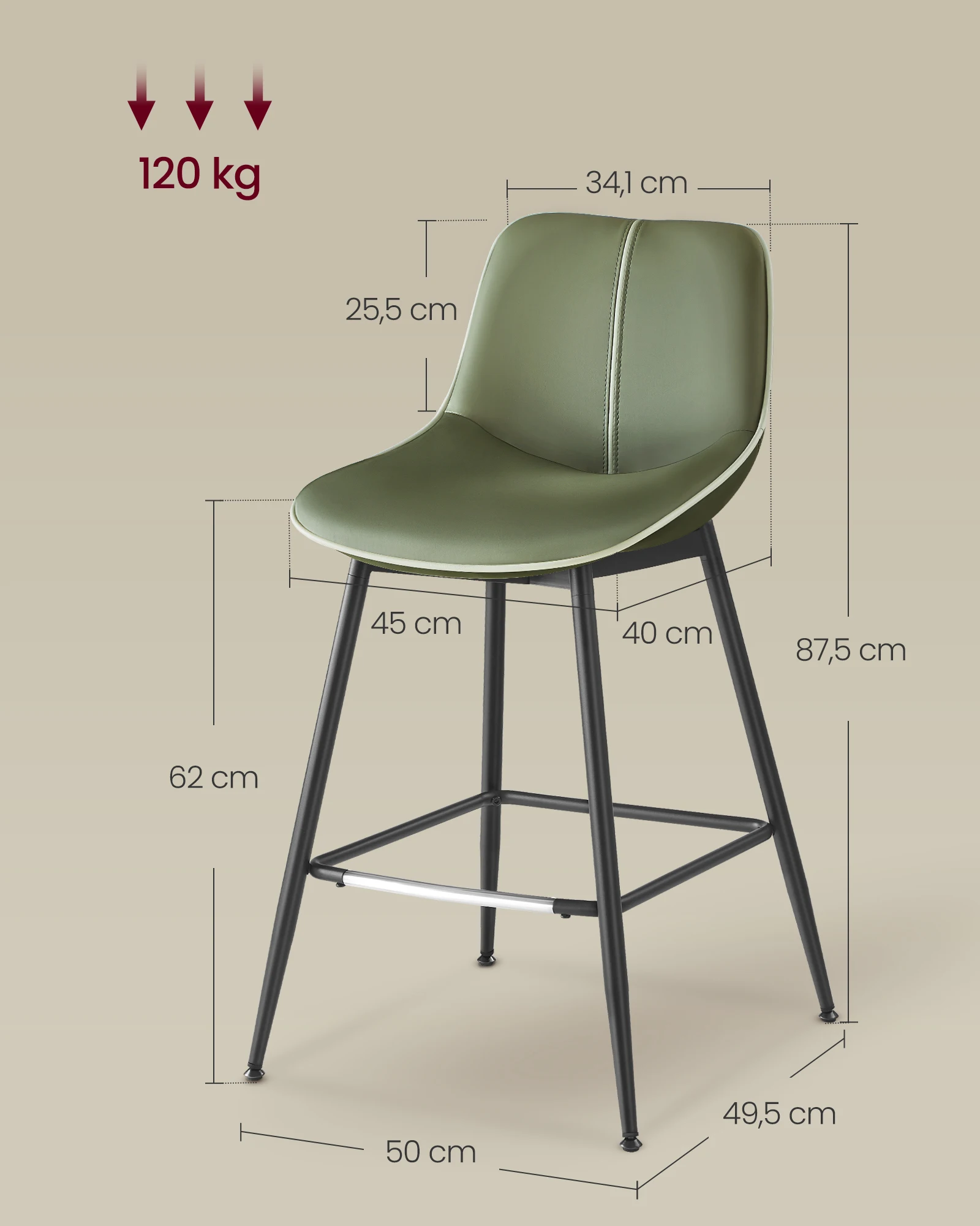 VASAGLE Synthetic Leather Bar Stools Set of 2 High Stool bar Chairs for Kitchen Island Green Bar Stools with Ergonomic Backrest