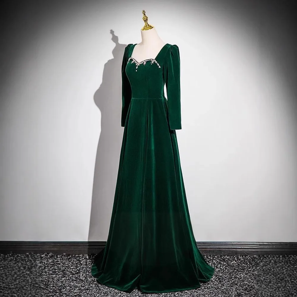 S0870l Green Velvet Long-sleeved Dress With Natural Waistline And Beading Decoration For Party Wear In Spring Season S0870l Green Velvet Long-sleeved Dress With Natural Waistline And Beading Decoration For Party Wear In Spring Season
