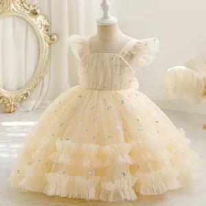 Cute Girls' Formal Ball Gown Dress Embroidered Flying Sleeve Sequins Birthday Outfit with Layered Fluffy Design