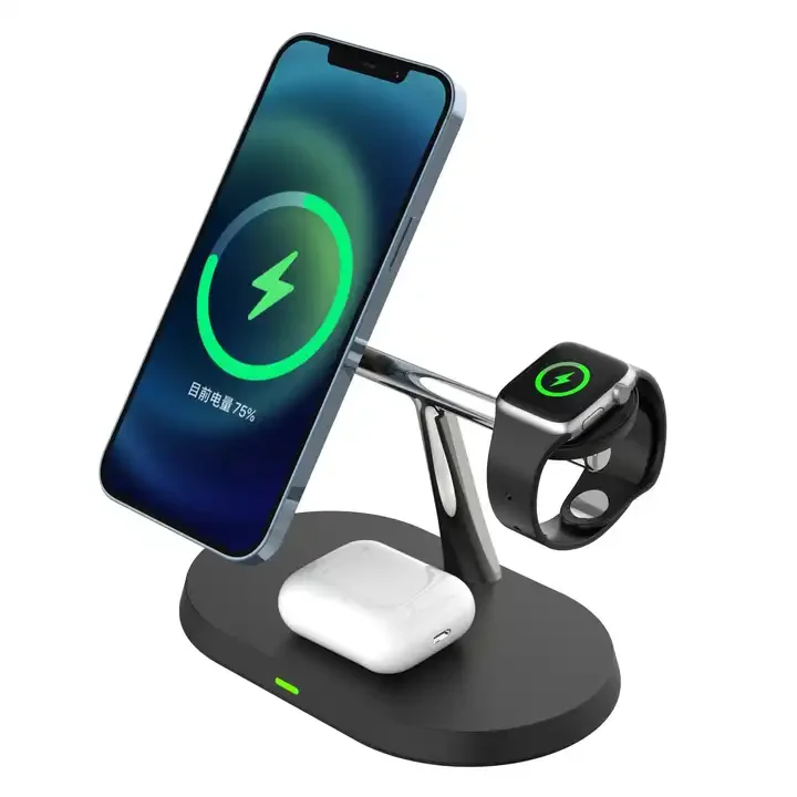 Stock 3-in-1 Magnetic Wireless Charger Stand for iPhone 15 Pro Max for Apple Watch 8 Earphones-Fast Charging Dock Station for