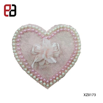 Beaded Pearls Heart Patches Pink Heart Badge Embroidery Applique