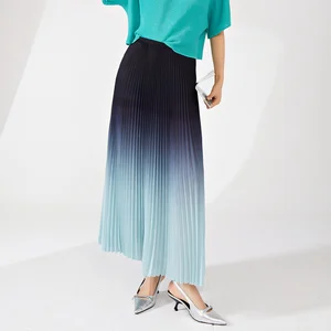 Miyake Women's High Waist Pleated Skirt Retro Style A-Line With Loose Elastic Gradient Printed Design Polyester Fabric