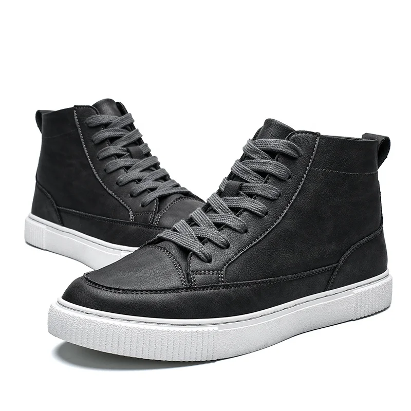 Bottines Montantes Homme En Cuir PU - Confortables, Décontractées, Semelle Caoutchouc, Style Mi-mollet Noir