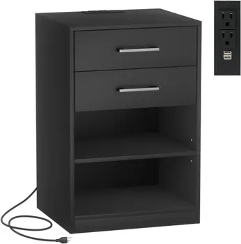 Nightstand,2 drawers with 2 AC outlets and 2 USB ports, with adjustable open storage space, bedroom nightstand, black