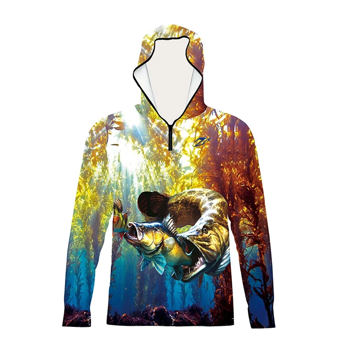 Fashion Custom Print Sublimated Hooded Fishing Shirts Polyester Quick Dry Fabric Uv Protection Long Sleeve Men's Fishing Shirt