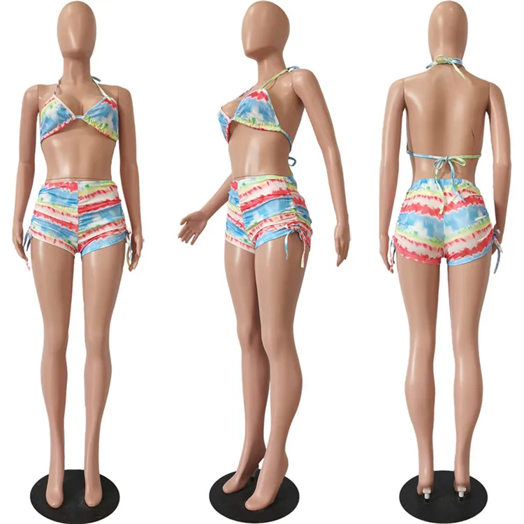 Women Bikinis Set Colorful Striped Print Sexy Bathing Suit S-2XL Separate Swimsuit Bikini Hot Pants Beach Party Wear 2021