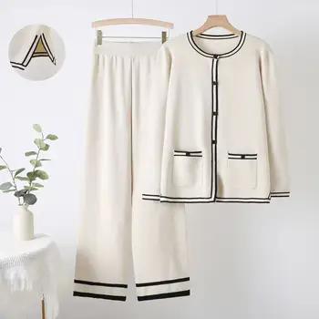 2025 Knitted Plus Size Cardigan Wide Leg Pants Two-piece Set Women's Color Blocking Long Sleeve Round