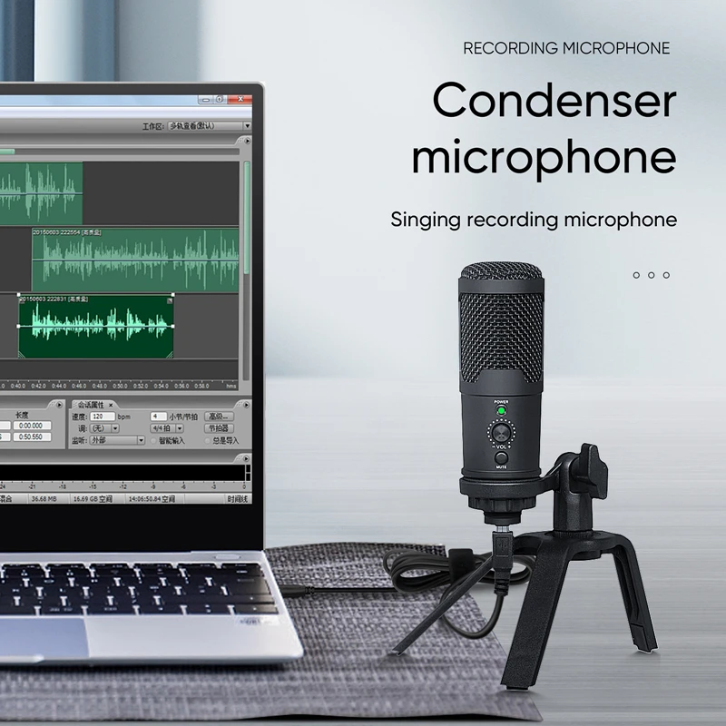 Zinc Alloy Studio Condenser Mic Streaming Recording USB Cable Computer Gaming Microphone with Tripod  Stand