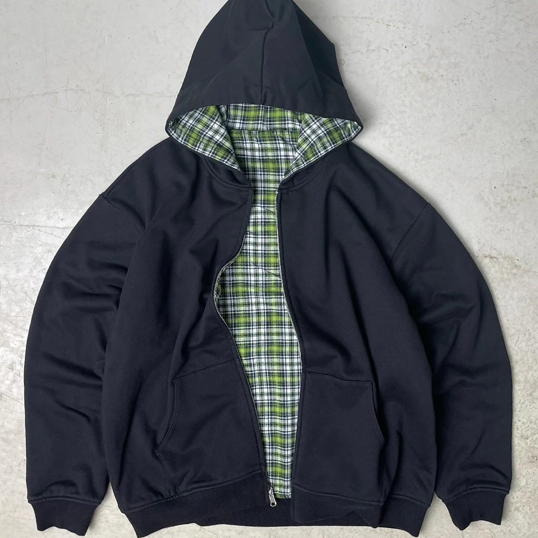 Custom Reverse Style Double Layer Flannel Plaid Hoodie for Men Vintage Oversized Fit Reversible Weave Hooded Collar for Winter gallery 7