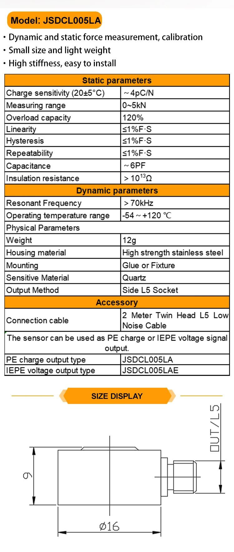 JSDCL005LA Fast Response Piezoelectric Force Sensor Circular One-Way Measurement Charge PE Voltage Signal Pressure Sensor manufacture