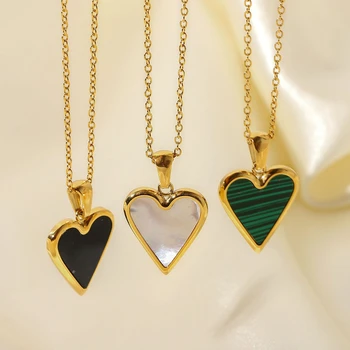 MARONEW Wholesale 18K Gold Plated Stainless Steel Jewelry Imitated Malachite Natural White Shell Black Heart Necklaces pendente