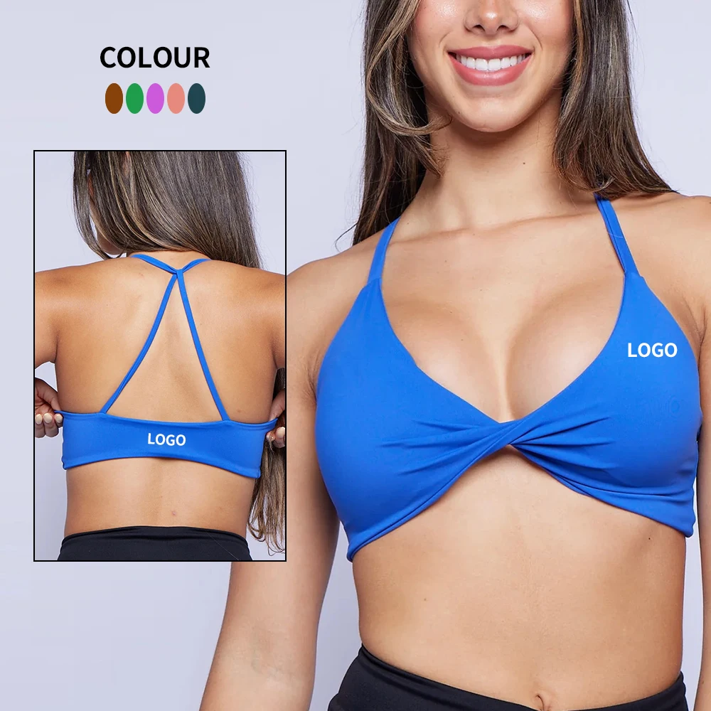 High Quality Sexy Gym Active Yoga Set Front Halter Backless Strappy Padded Spandex Twist Knot Sport Bra for Women Fitness