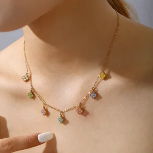 Designer Brand Lucky Color Tassel Four-leaf Clover Pendant Necklace, Stainless Steel 18k Gold Plated Necklace Wholesale