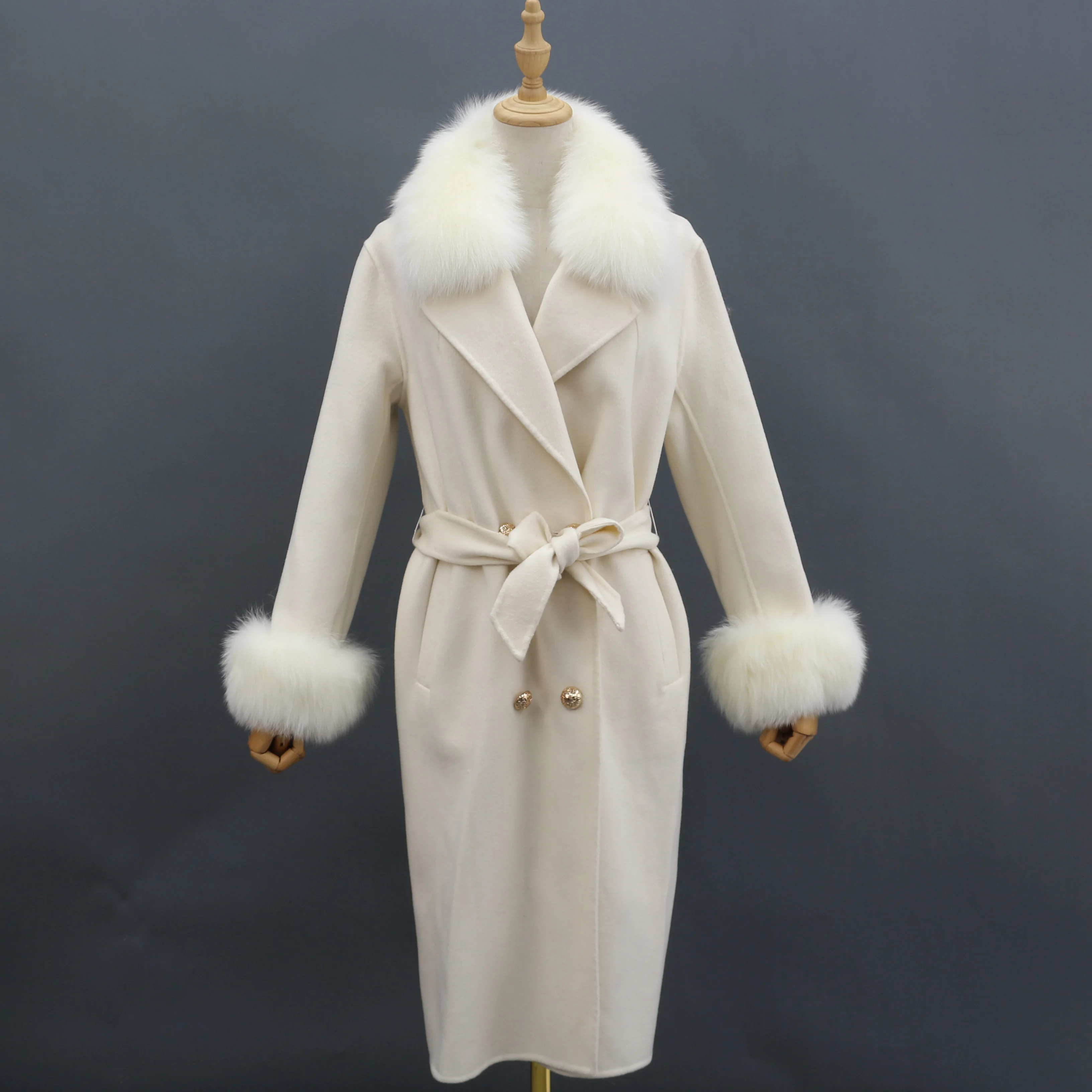 Trench Cashmere Coat Women Fox Fur Collar Wool Coat Handmade Cashmere ...