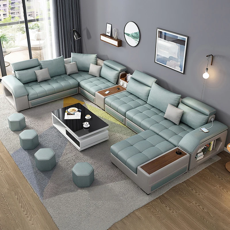 Modern Leather U Shaped Sectional Sofa Couch Bed 7 Piece Set Furniture Living Room Fabric Velvet