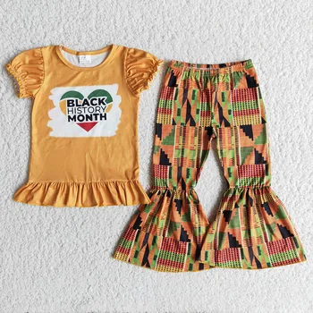 RTS Baby Girls Black History Short Sleeve Tee Shirt Top Bell Bottom Pants 2022 New Design Drop Shipping Children Clothing Suits