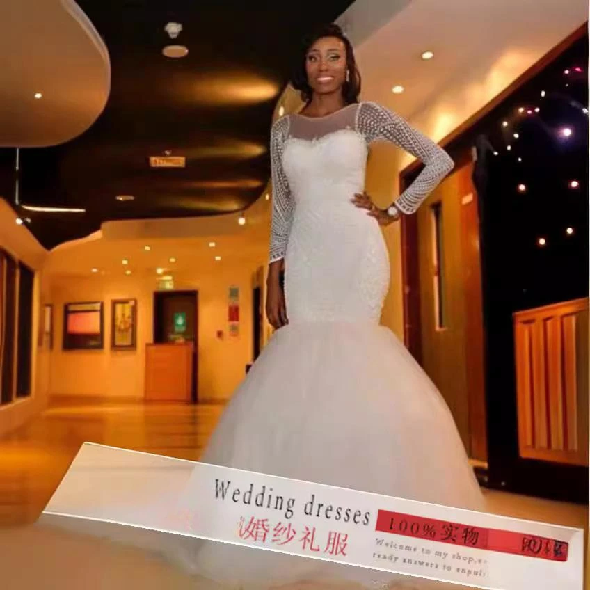 Custom New Arrival Elegant Long Sleeve African Wedding Dress Luxury Heavy  Pearls Mermaid Bridal Gown