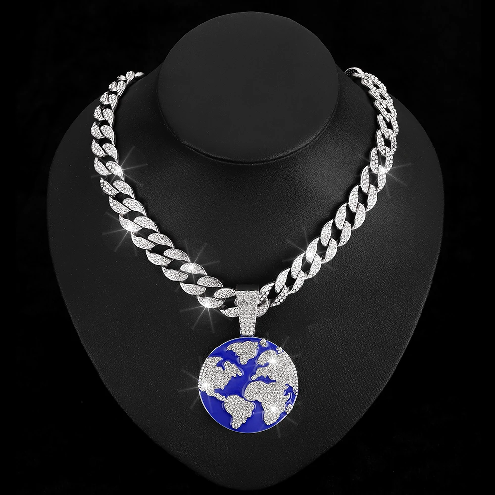 Iced Out World Pendant Necklace Hop Hip Ice Out Crown World