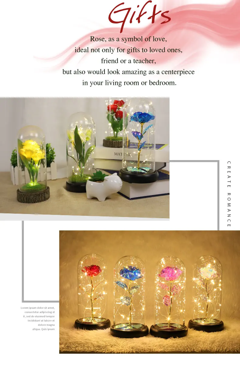 Rose flower in glass dome with base wooden and string lights supplier