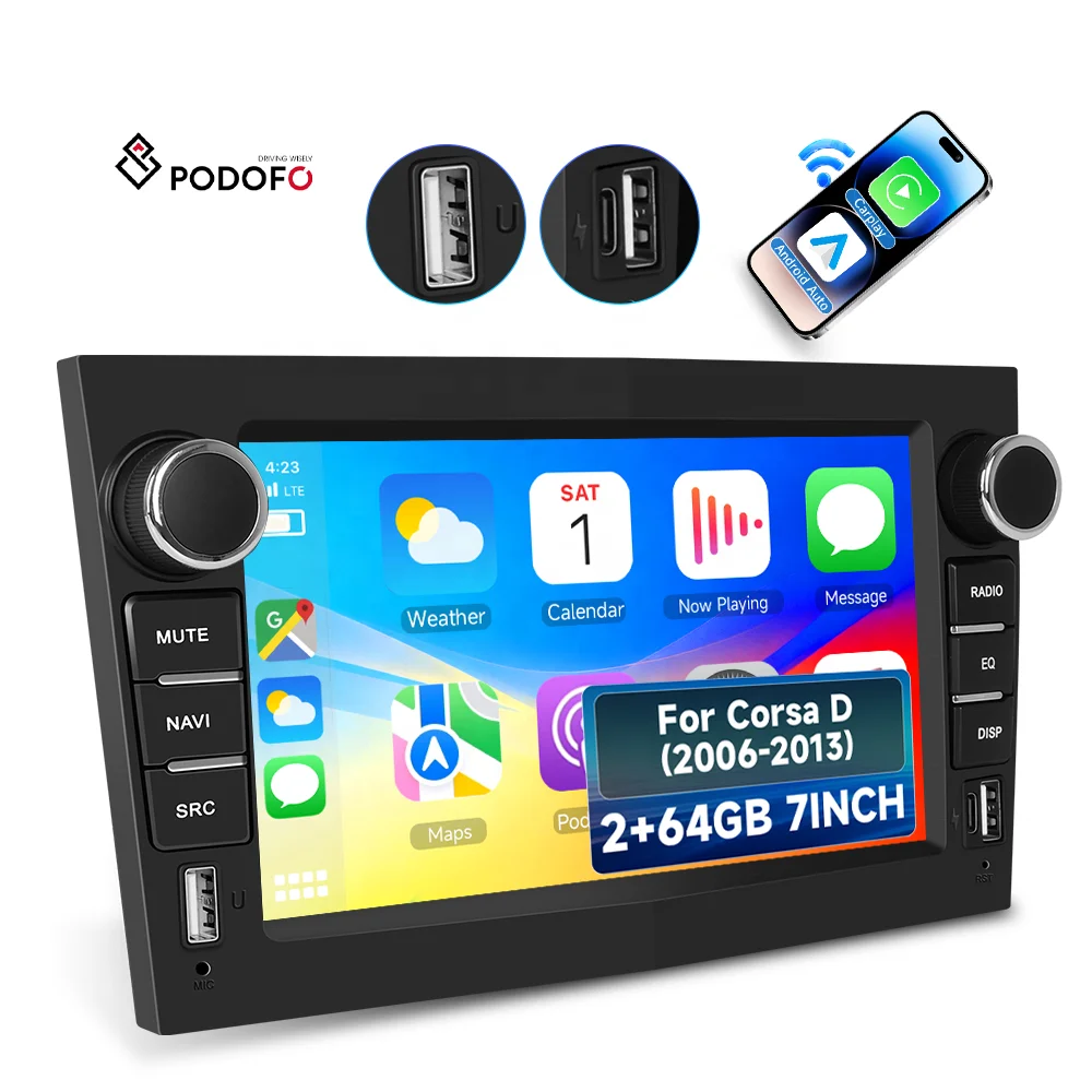 Podofo for Opel Corsa D 2006-2013 7'' 2+64 Android Car Radio Wireless CarPlay/Android Auto BT/FM/RDS SWC EQ GPS WIFI OEM A4738BK