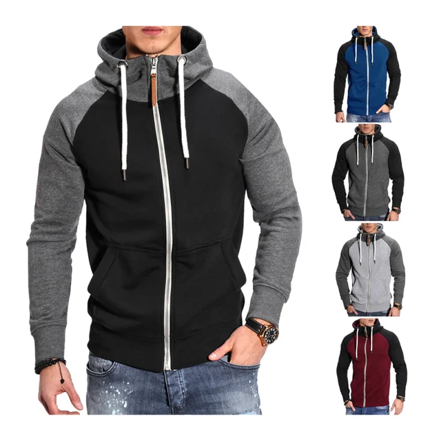 wholesale Color matching  Contrasting colors fitness sport zip up hoodie custom printing logo men's hoodies sweatshirts