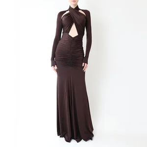 Bettergirl 2026 Ramadan Long sleeved cross hanging neck folded waist solid color long dress