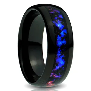8mm Galaxy Tungsten Ring Polished Black with Nebula Inlay Mens Wedding Band