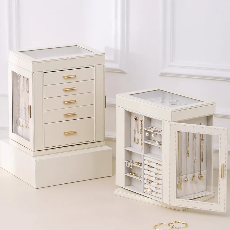 GREENSIDE Large Capacity Rotating Multi-Layer Jewelry Box with Transparent Window Leather Storage Organizer