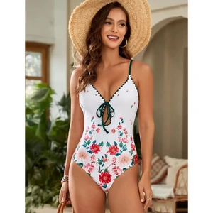 OEM Private Label One Piece Swimsuit Women Keyhole V Neck Color Block Bathing Suit Cutout Back Crisscross Self Tie Swimwear 2026