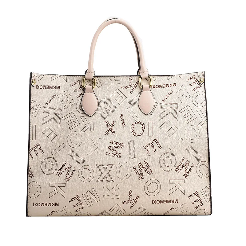 European American Women's Tote Bag with Large Capacity Retro Simple Design  New Letter Printing Leather Shoulder Bag Handbag