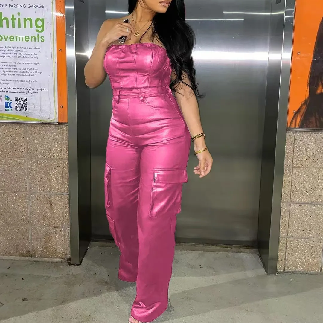 Sexy Strapless Chest Tightening Waisted PU Leather Jumpsuit