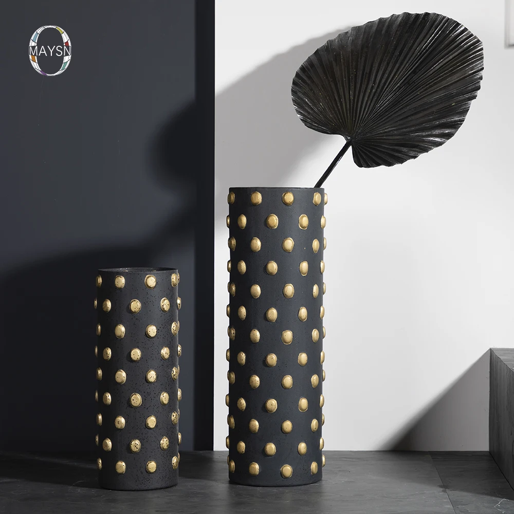35cm Tall Ceramic Black And Gold Cylinder Decorative Vase With Holes Design 