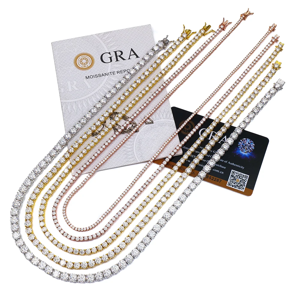 Best Price Hiphop Jewelry 3mm GRA Certified Sterling Silver Rhodium Plated Iced Vvs Moissanite Tennis Necklace