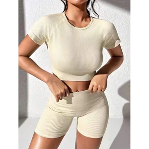 Wholesale Women Workout Ribbed Short Sleeves High Waist Biker Shorts Tummy Control Scrunch Butt Quick Drying Breathable Yoga Set