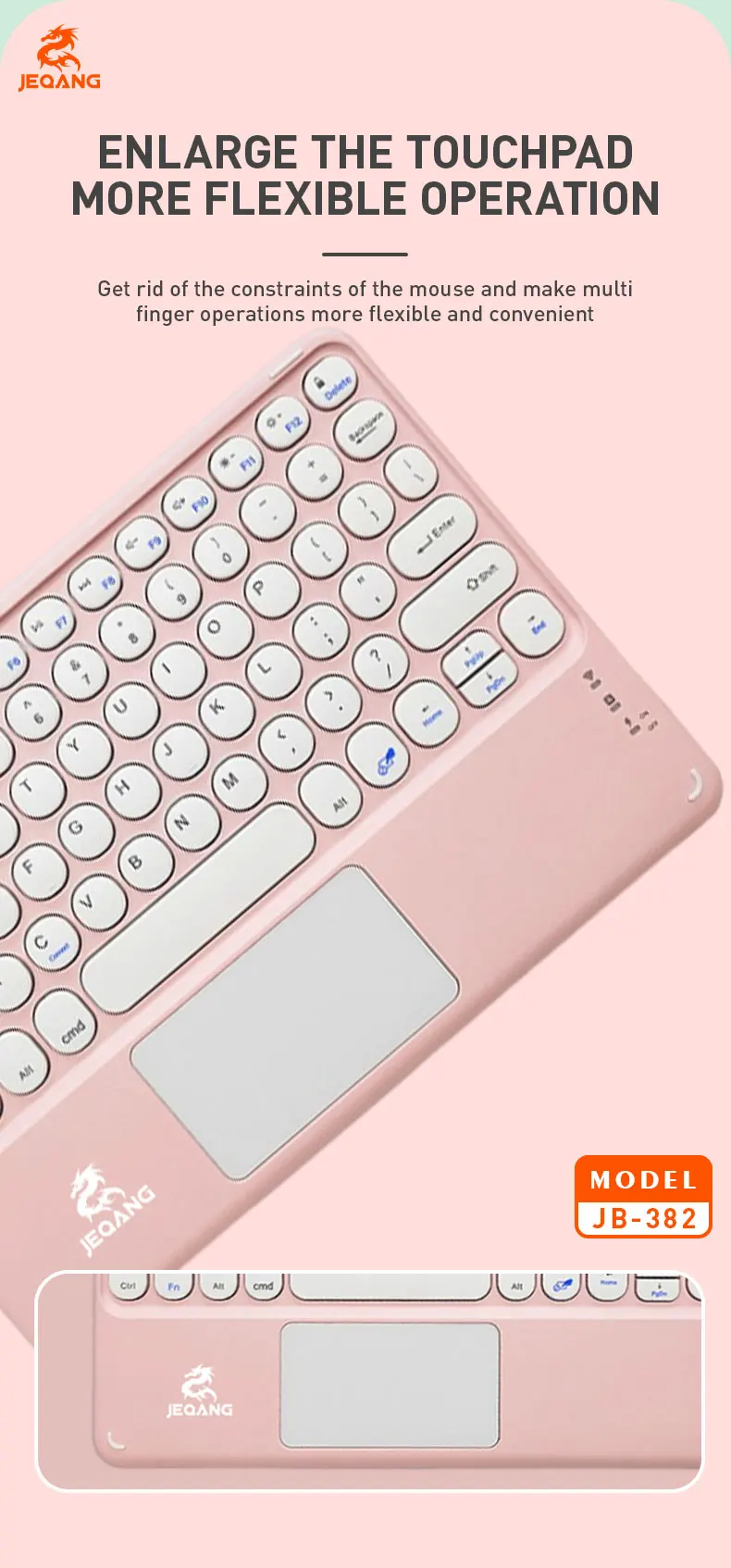 Jeqang JB-382 Ultra-Thin Optical Wireless for Mini Keyboard with USB-C Charging Touchpad New Plastic for PC/Laptop Use