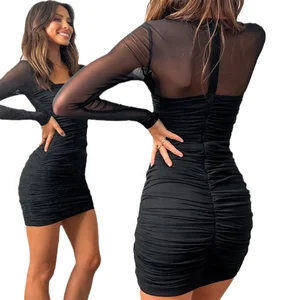 Custom Latest Designer Brand New High Quality Fashion Female Summer Lady Long Sleeve Black Mesh Party Women Minii Dress 2026