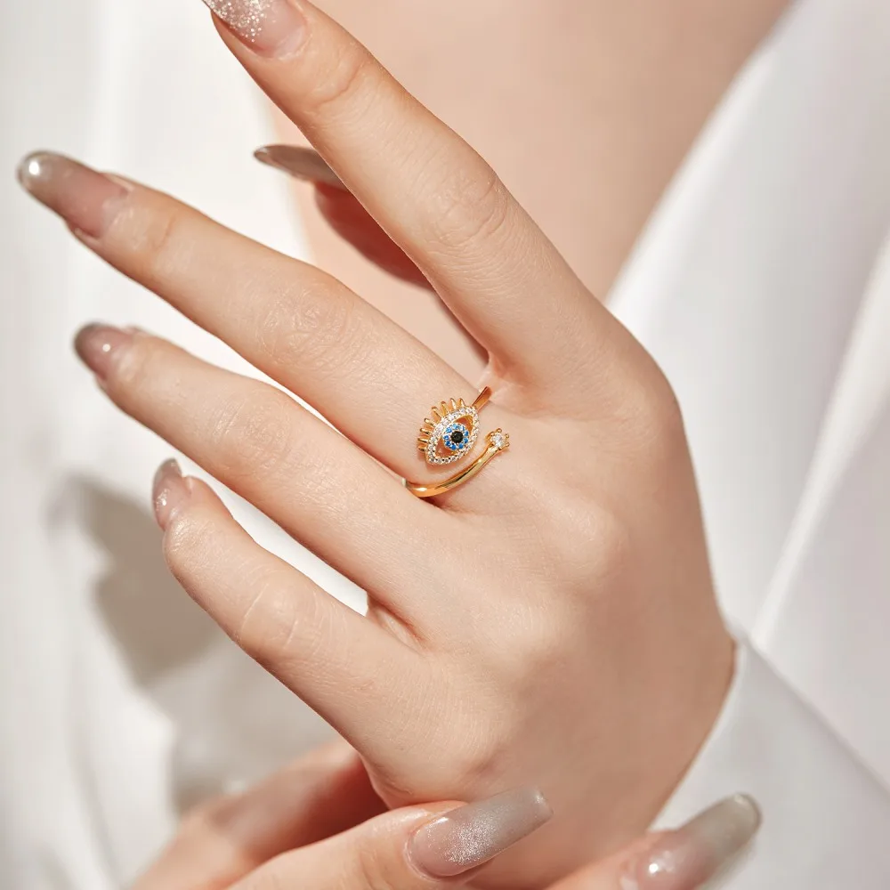 KAKODIY Exquisite Blue Turkish Evil Eye Cubic Zirconia Ring 925 Sterling Silver 18K Gold Plated Adjustable Statement Zircon Evil Eye Ring for Women detail 1