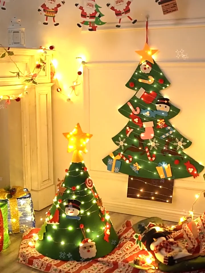 Diy Felt Christmas Tree Christmas Wall Hanging Xmas Tree With Led String Lights For Kids Gifts