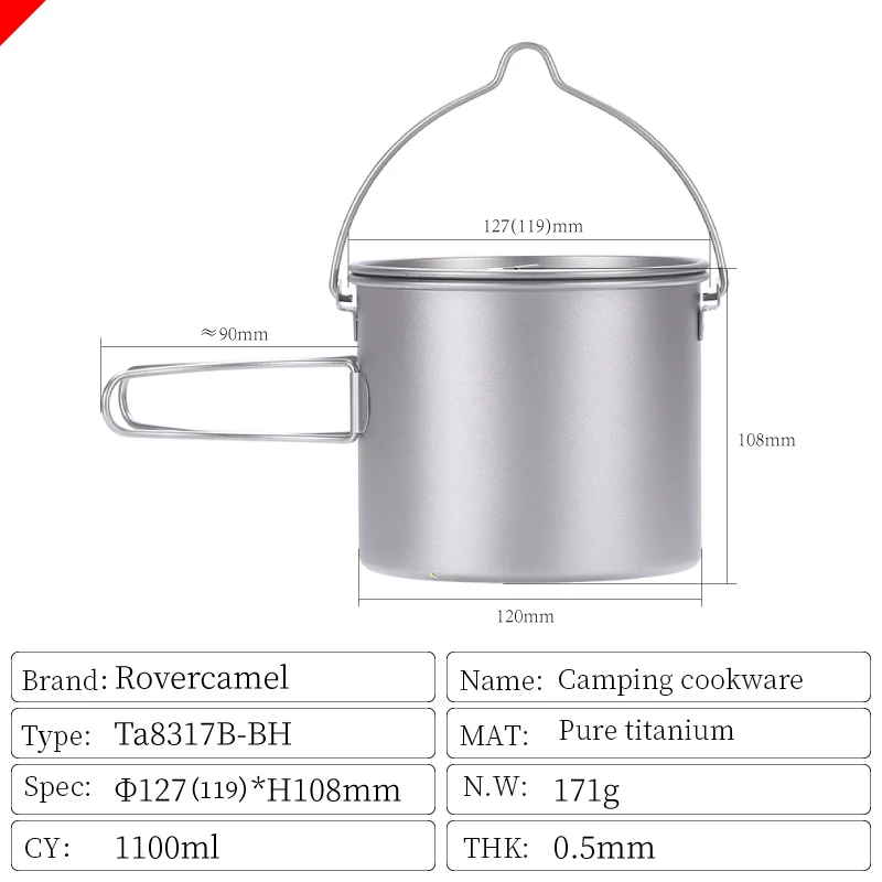 iBasingo Set di pentole e padelle da campeggio in titanio con manico pieghevole Utensili da cucina leggeri per esterni Escursionismo Ciotola portatile