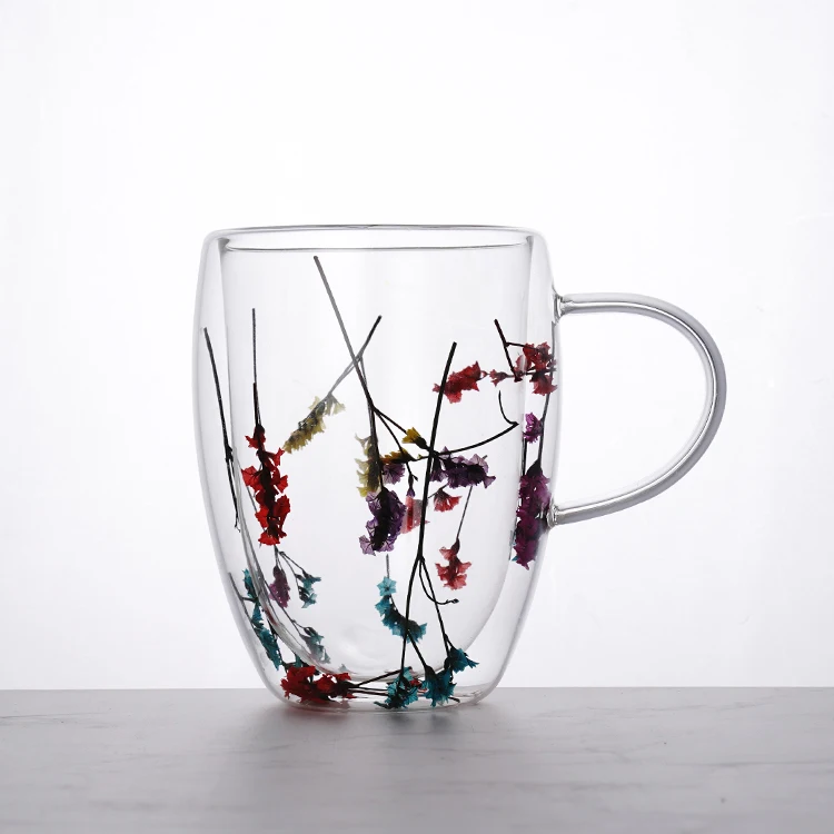 New Design Handmade High Borosilicate Creative Dry Flower Double Wall Glass Mug Cup
