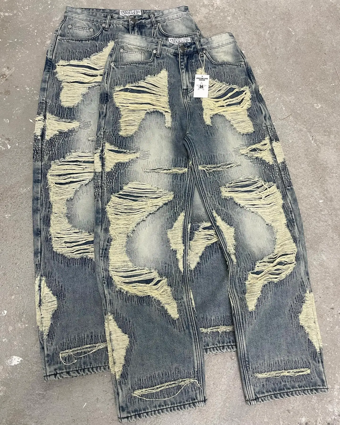 Salati Wholesale Boot Cut Wash Ripped Wide Leg Straight Distressed Flared Rhinestone Cargo Denim Jeans Pant Baggy Men Jeans gallery 2