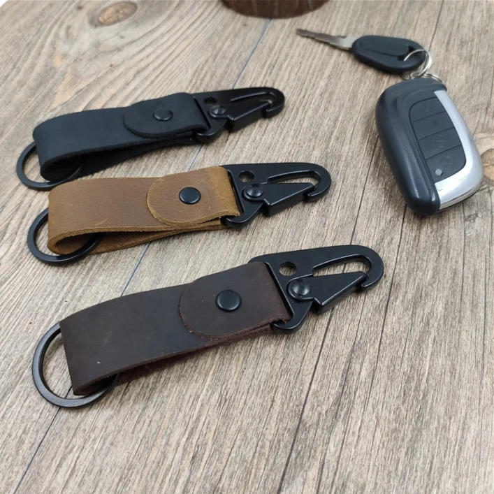 Customizable Vintage Keyring Chain Loop Genuine Leather Car Key Ring Hook Outdoor Tactical EDC Clip Keychains Belt Key Holder