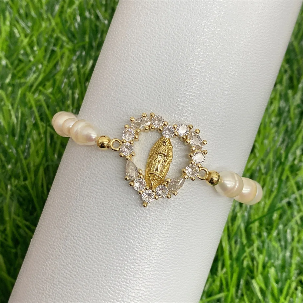18K Gold Plated Micro Pave CZ Virgin Mary Charm Freshwater Pearl Beaded Stretch Bracelets for Women Religious Fashion Jewelry