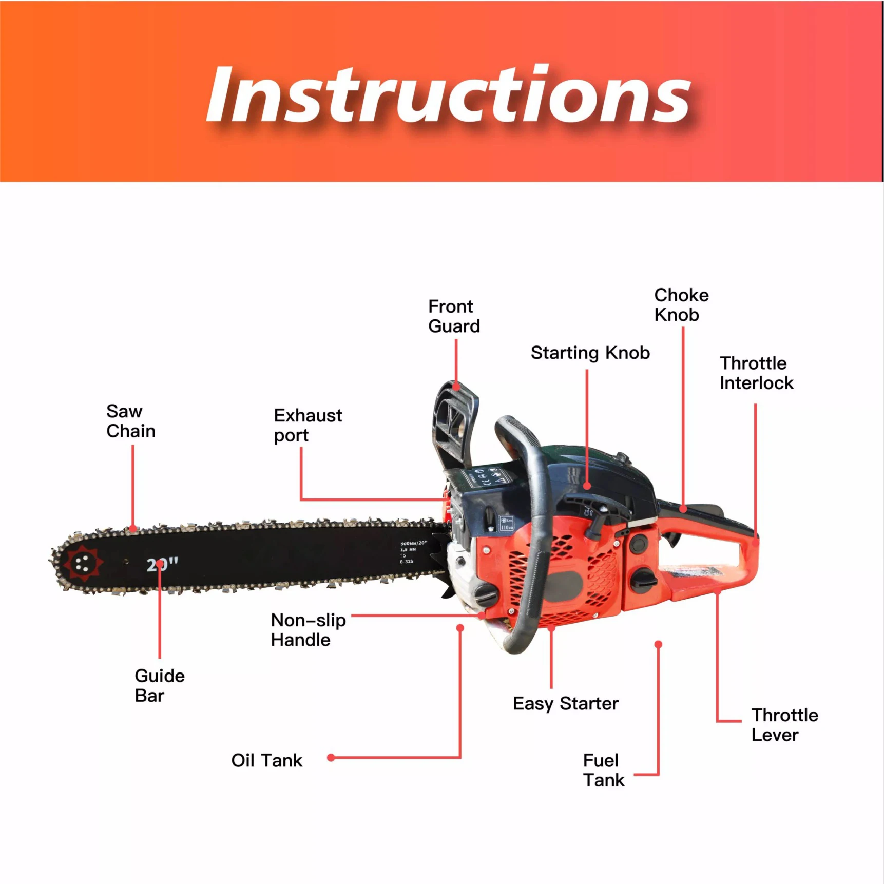 Outdoor Wood Cutting Gasoline Chain Saw 2500 Professional Gasoline Gas