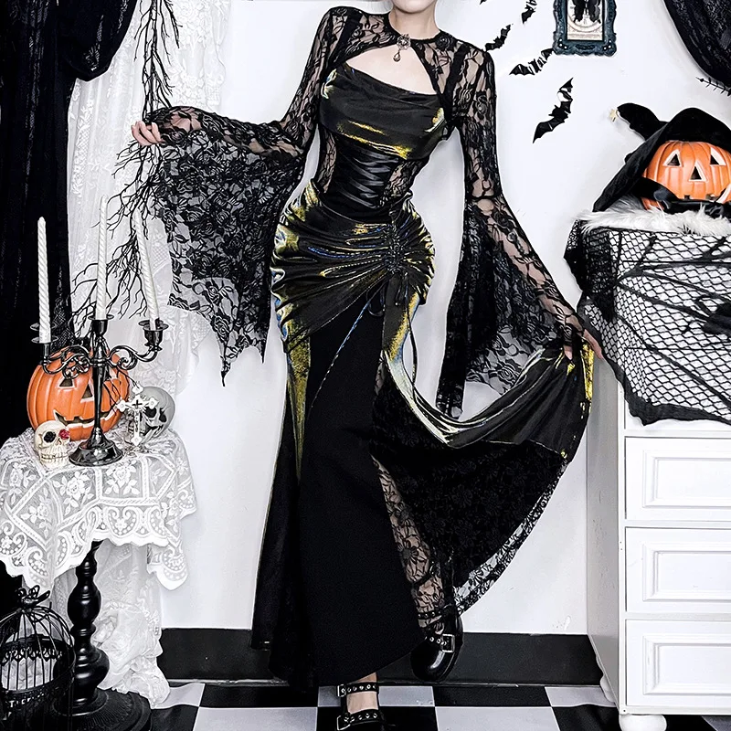 Halloween Gothic Grunge Punk Women Dress Long Sleeve Lace Slim Black Dresses 2025 New Y2K Harajuku Lolita Fairy Core Party Dress Halloween Gothic Grunge Punk Women Dress Long Sleeve Lace Slim Black Dresses 2025 New Y2K Harajuku Lolita Fairy Core Party Dress