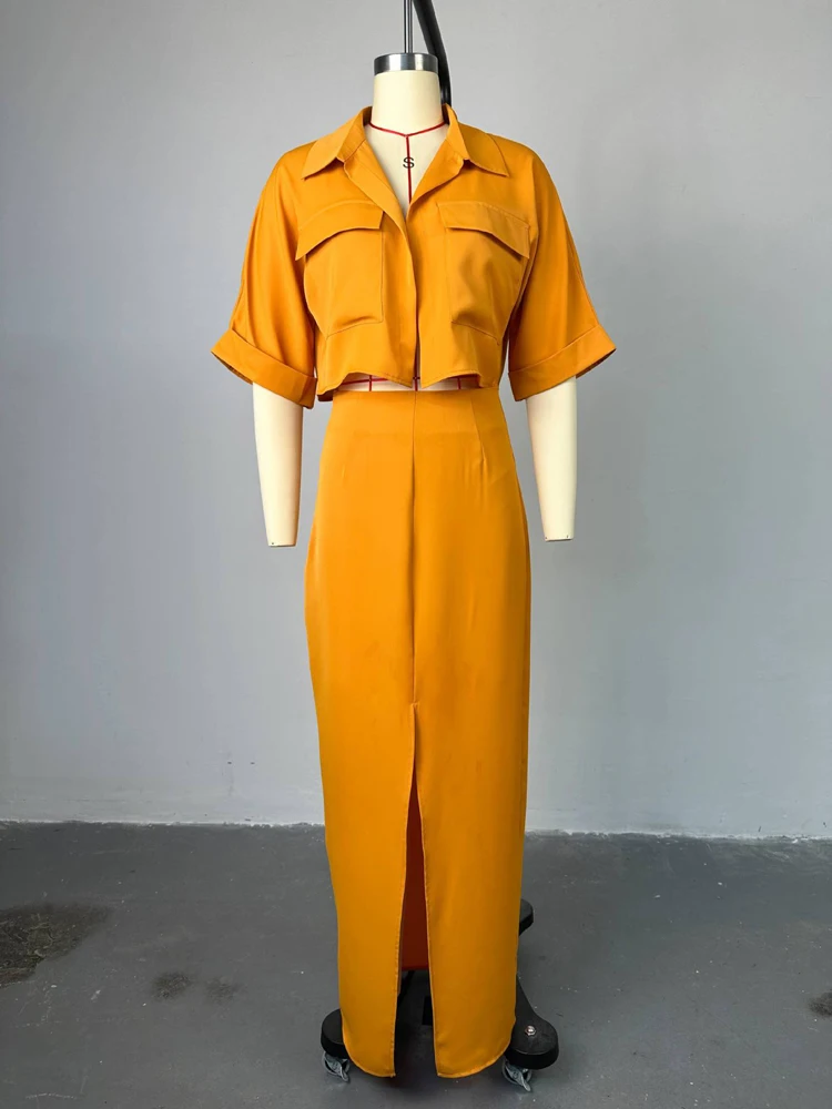 Latest Design Skirt Set Polo Collar Short Shirt Top and Long Split Skirt Set 2 Two Piece Summer Outfits for Women 2024 Elegant
